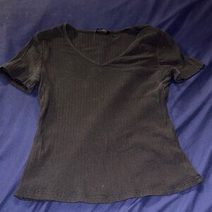 Women's V-Neck Short Sleeve Ribbed Top - Black